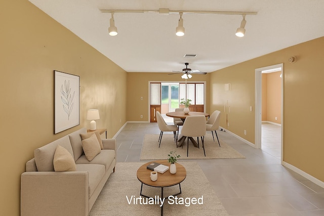 5020 Petal Pl Unit D, Delray Beach, FL 33484 - dining area featuring track lighting, a ceiling fan, and light tile patterned floors