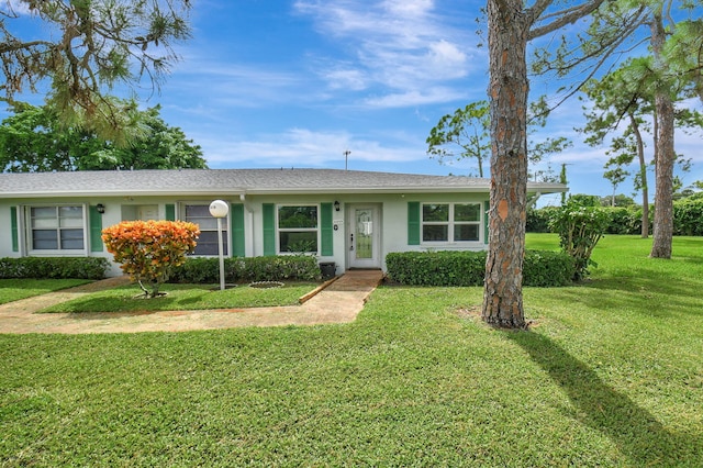 single story home featuring a front lawn and stucco siding