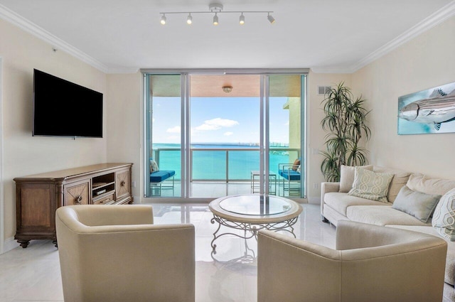 living room with crown molding, track lighting, floor to ceiling windows, and a water view