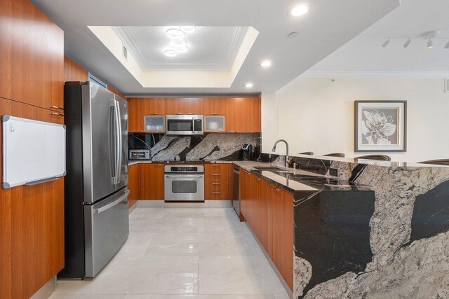 kitchen with appliances with stainless steel finishes, sink, dark stone counters, ornamental molding, and a tray ceiling