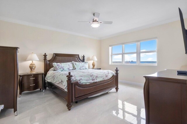 bedroom featuring crown molding and ceiling fan