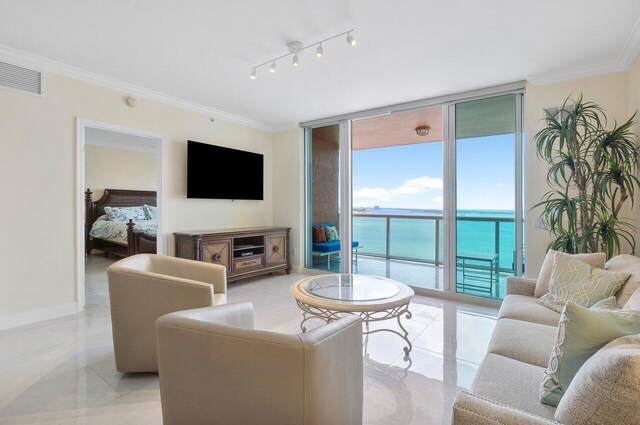 living room featuring ornamental molding and floor to ceiling windows