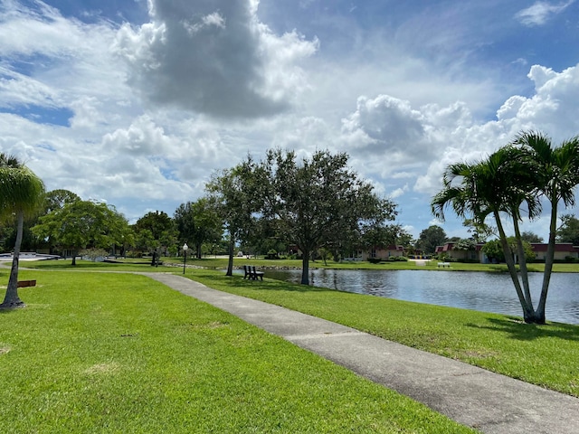 view of community featuring a water view and a lawn