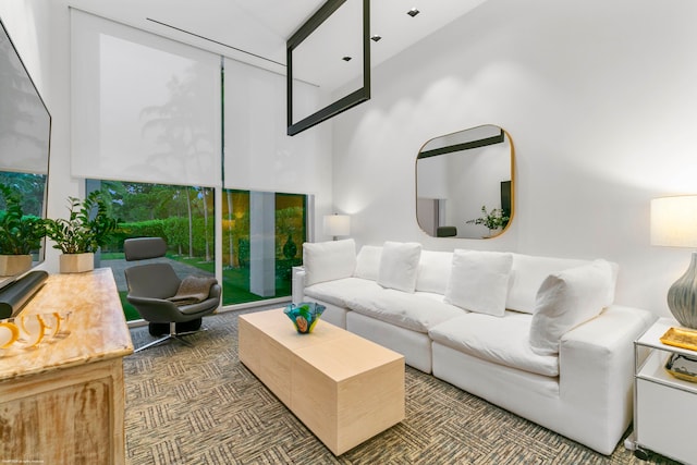 carpeted living room with a high ceiling