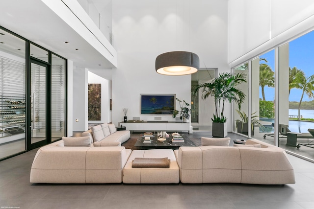 living room featuring a high ceiling