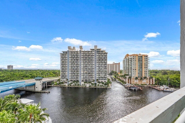 view of water feature with a city view