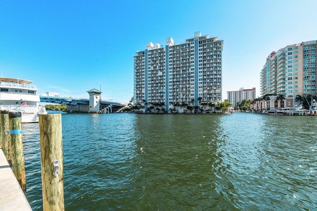 water view with a dock and a city view