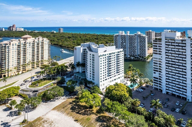 bird's eye view with a water view and a view of city