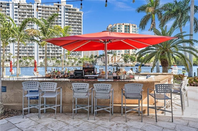 view of patio featuring outdoor dry bar and a water view