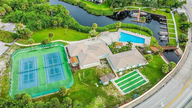 drone / aerial view featuring a water view