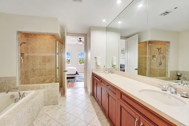 bathroom with vanity, separate shower and tub, ceiling fan, and tile patterned floors