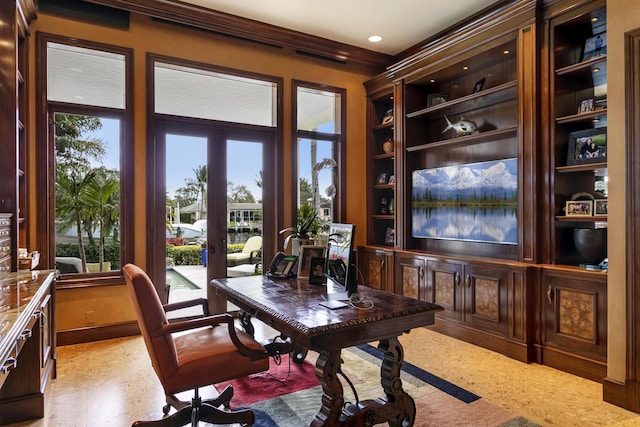 office area featuring baseboards, built in features, crown molding, french doors, and recessed lighting