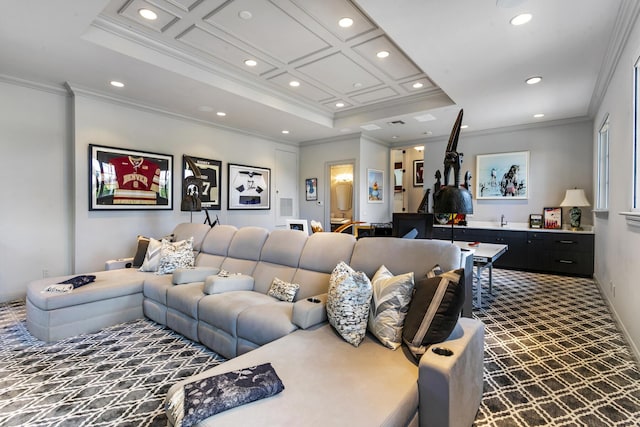 living room featuring ornamental molding, recessed lighting, coffered ceiling, and dark carpet