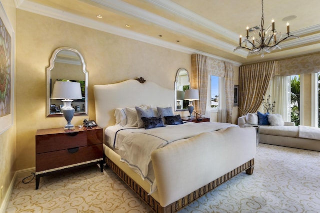 bedroom featuring crown molding, a raised ceiling, and a notable chandelier