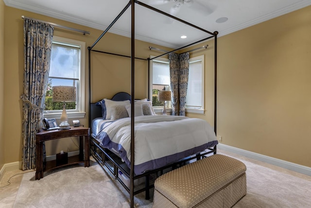 bedroom with baseboards, crown molding, and recessed lighting