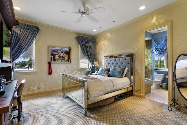 carpeted bedroom featuring multiple windows, baseboards, crown molding, and recessed lighting