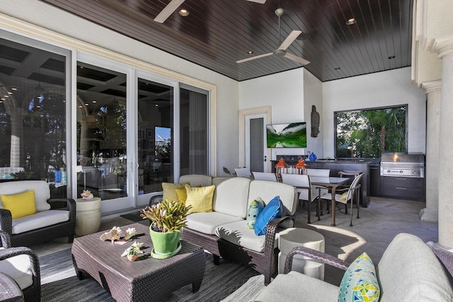 view of patio / terrace featuring outdoor dining space, a grill, an outdoor living space, and a ceiling fan