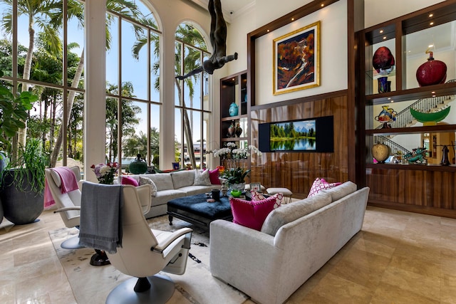 living room with wooden walls