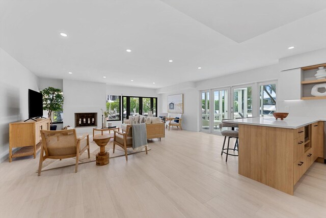 living room featuring light hardwood / wood-style floors and french doors