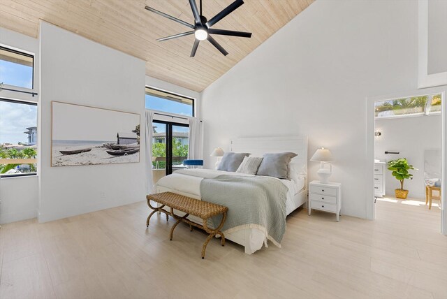 bedroom with ceiling fan, high vaulted ceiling, wooden ceiling, and light hardwood / wood-style floors