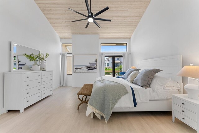 bedroom with wooden ceiling, high vaulted ceiling, light hardwood / wood-style flooring, and ceiling fan