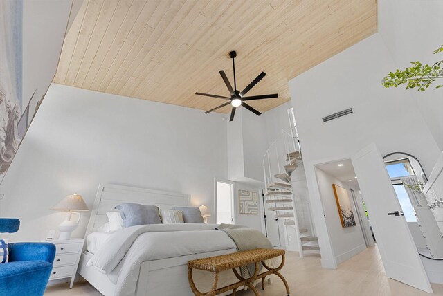 bedroom featuring ceiling fan, high vaulted ceiling, wooden ceiling, and connected bathroom