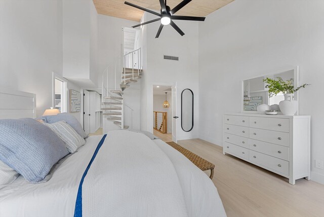 bedroom with light wood-type flooring, wood ceiling, ceiling fan, high vaulted ceiling, and connected bathroom