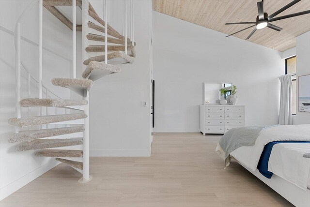 bedroom featuring wooden ceiling, light wood-type flooring, high vaulted ceiling, and ceiling fan