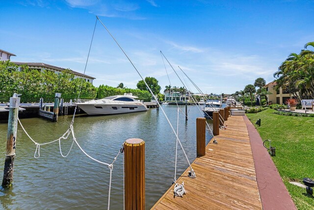 view of dock featuring a water view and a yard