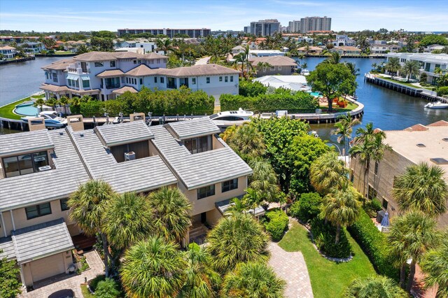 bird's eye view with a water view