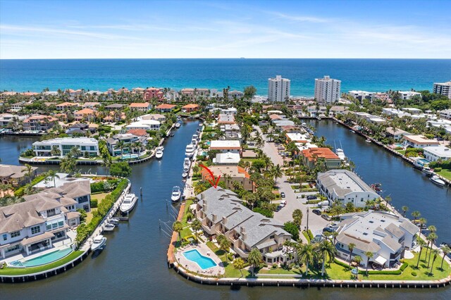 aerial view featuring a water view