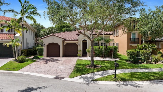 12520 NW 79th Mnr, Parkland, FL 33076 - mediterranean / spanish-style home with a garage, a front lawn, decorative driveway, stucco siding, and a tiled roof