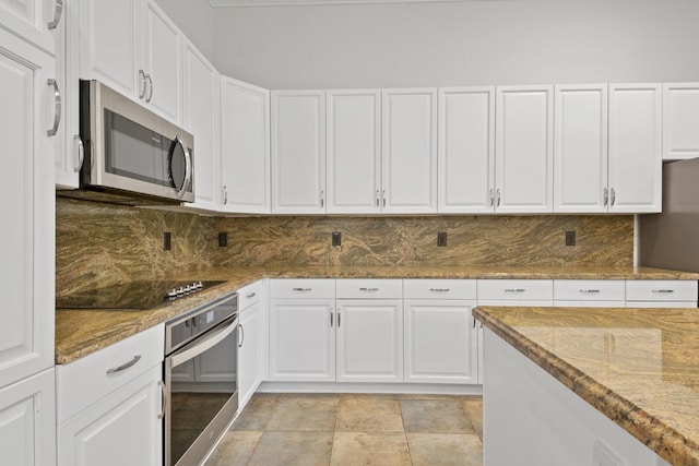 12520 NW 79th Mnr, Parkland, FL 33076 - kitchen featuring stone finish floor, backsplash, stone counters, stainless steel appliances, and white cabinetry