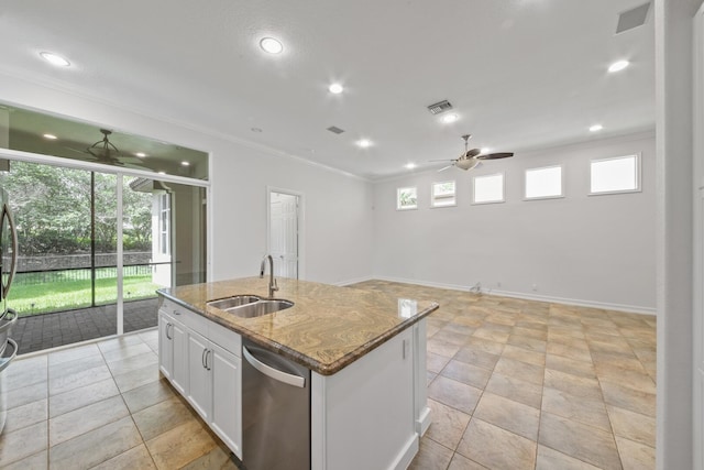12520 NW 79th Mnr, Parkland, FL 33076 - kitchen featuring crown molding, ceiling fan, stainless steel dishwasher, and a sink