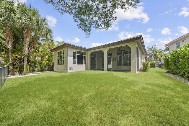 12520 NW 79th Mnr, Parkland, FL 33076 - rear view of house with a tiled roof, ceiling fan, a lawn, a sunroom, and a fenced backyard