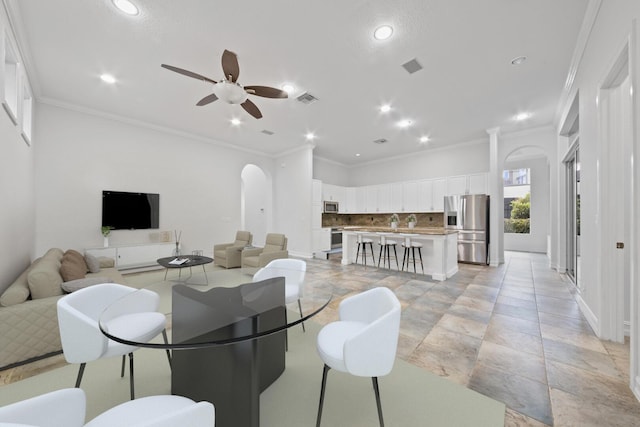 12520 NW 79th Mnr, Parkland, FL 33076 - dining space featuring visible vents, recessed lighting, ceiling fan, and ornamental molding