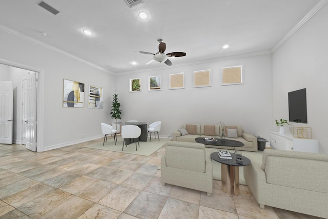 12520 NW 79th Mnr, Parkland, FL 33076 - living room featuring a ceiling fan, baseboards, recessed lighting, and ornamental molding