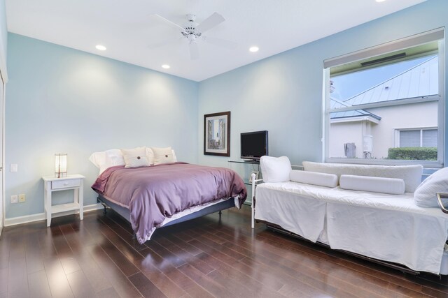 bedroom featuring ceiling fan and light tile patterned floors