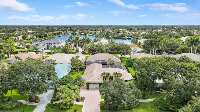 drone / aerial view featuring a water view