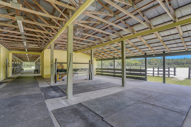 view of horse barn with a water view