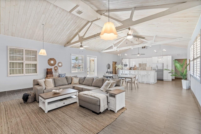 living room with wooden ceiling, beamed ceiling, high vaulted ceiling, and ceiling fan