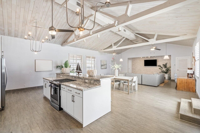 kitchen with hanging light fixtures, stainless steel appliances, and ceiling fan