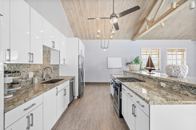 kitchen with white cabinets, wood ceiling, stainless steel appliances, ceiling fan, and tasteful backsplash