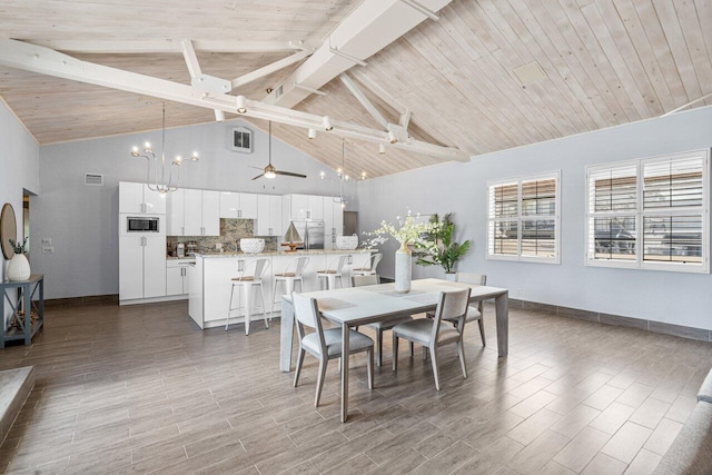 dining room with wood ceiling, ceiling fan with notable chandelier, high vaulted ceiling, and beam ceiling