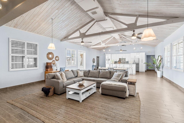 living room featuring high vaulted ceiling, ceiling fan, and beamed ceiling