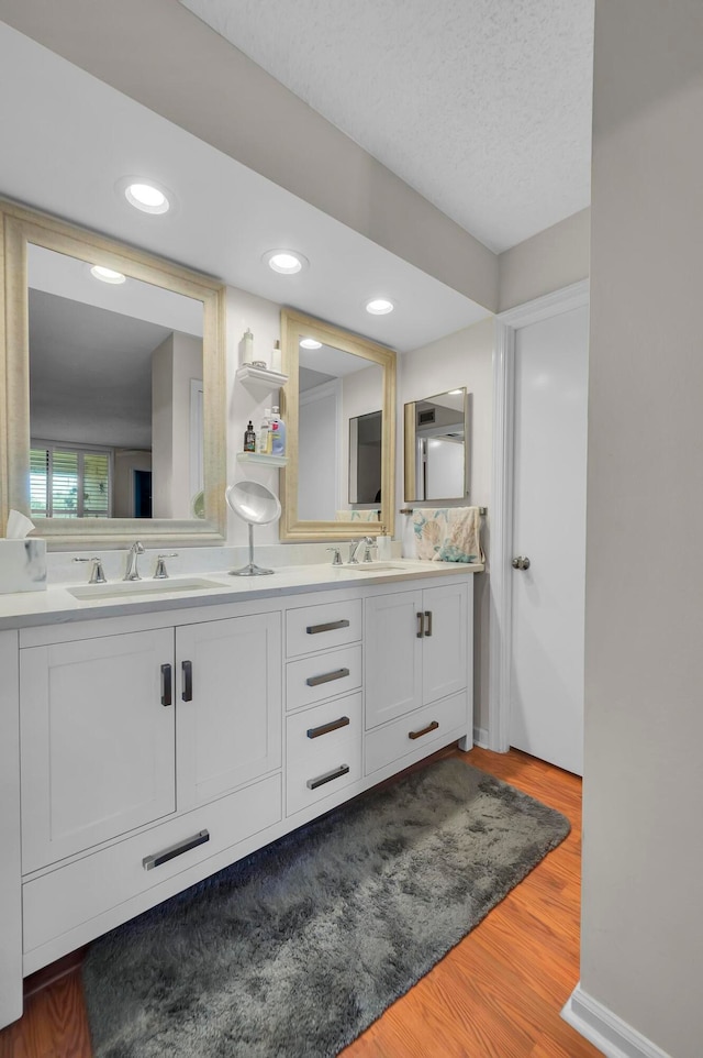 bathroom featuring hardwood / wood-style flooring and vanity