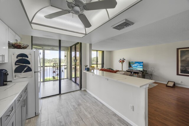 kitchen featuring light hardwood / wood-style flooring, expansive windows, plenty of natural light, and ceiling fan