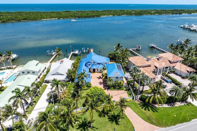 aerial view featuring a water view