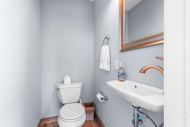 bathroom with sink, toilet, and wood-type flooring