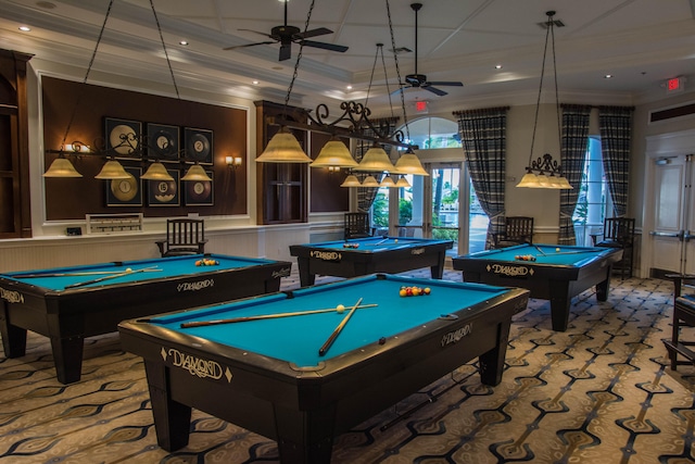 game room with ornamental molding, billiards, and ceiling fan